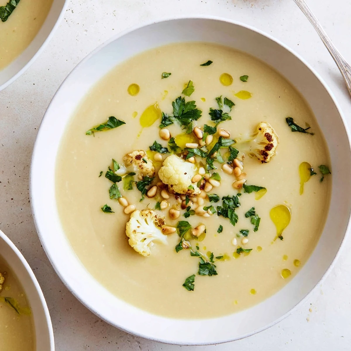 Velvety smooth Mediterranean cauliflower soup served with crusty bread and fresh herb garnish.