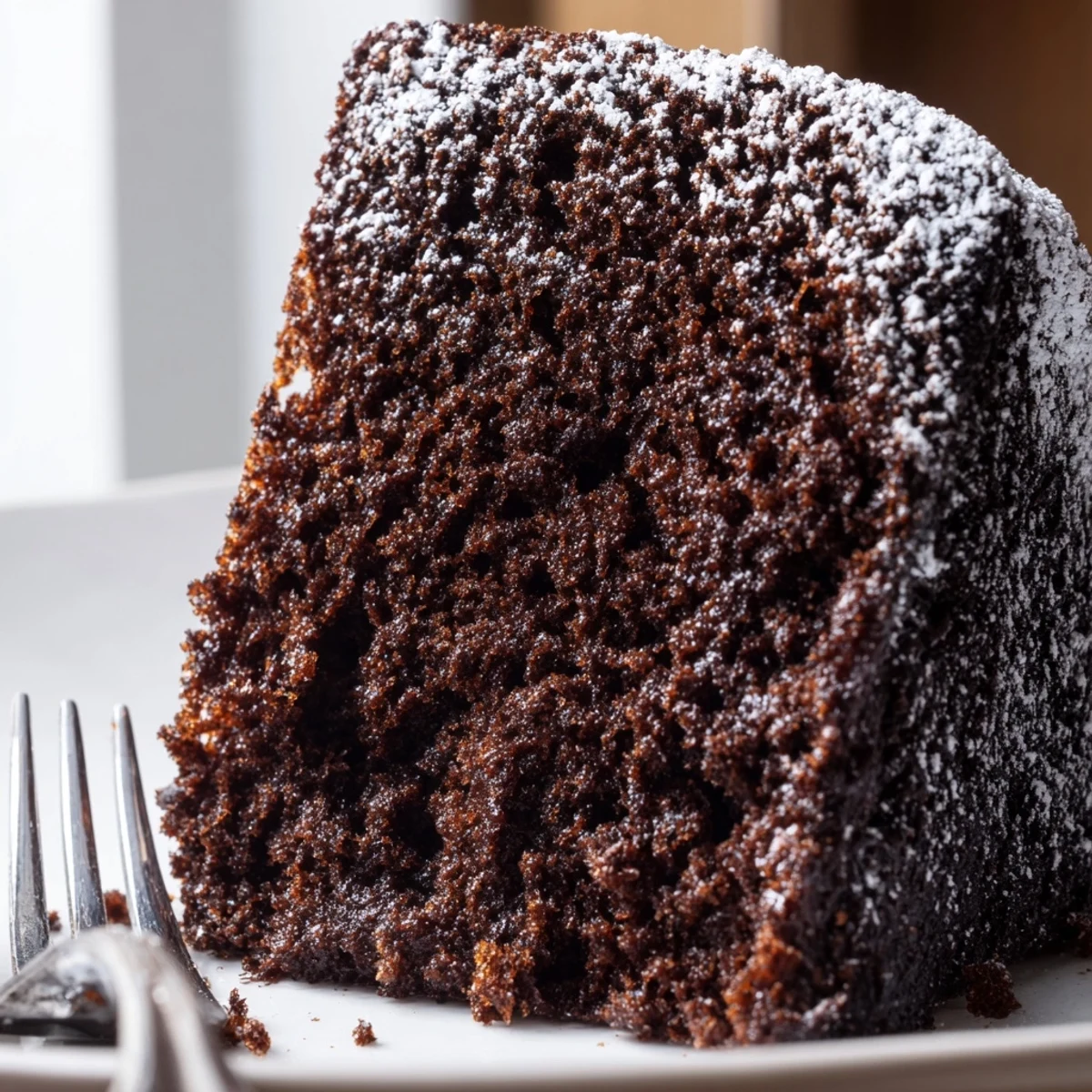 Moist Guinness chocolate cake slice dusted with powdered sugar on a white plate