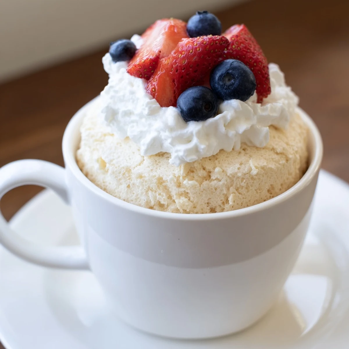 Fluffy white angel food cake topped with whipped cream and fresh red strawberries in a ceramic mug