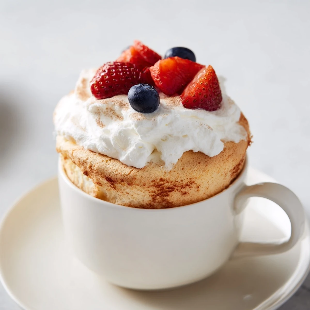 Single serve angel food cake with dollop of cream and mixed berries served in a mug