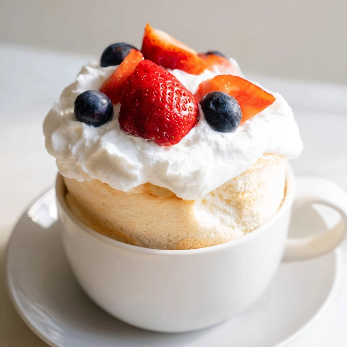 Golden brown air fryer angel food cake rising high in a white mug garnished with blueberries
