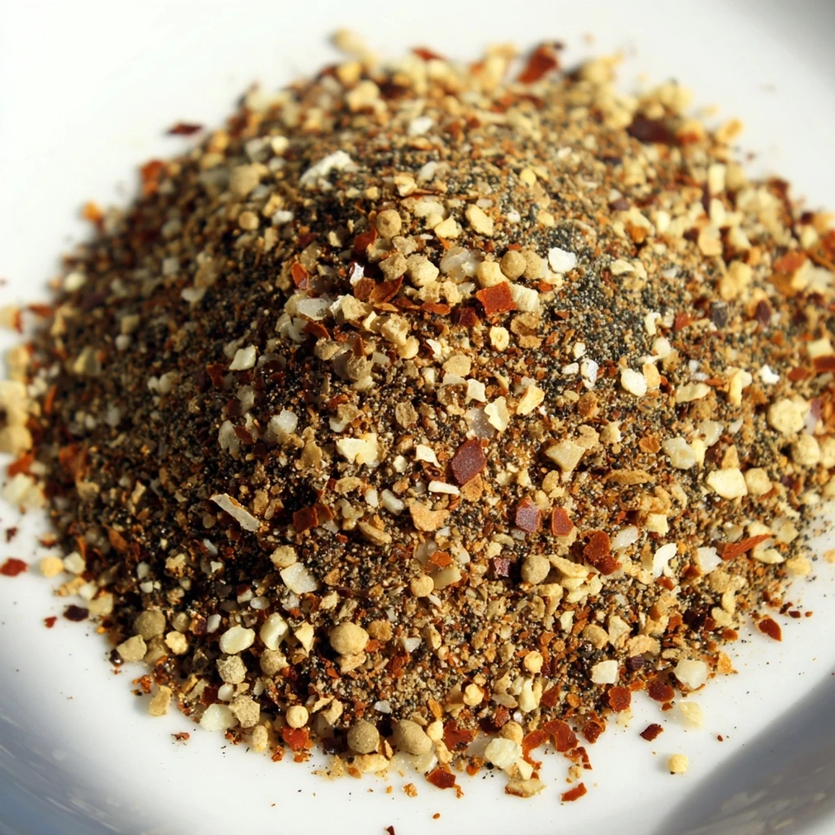 Glass jar filled with aromatic copycat Montreal steak seasoning surrounded by whole spice ingredients