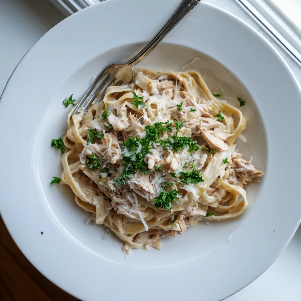Creamy Crock Pot Chicken Alfredo pasta dish topped with fresh parsley and parmesan cheese