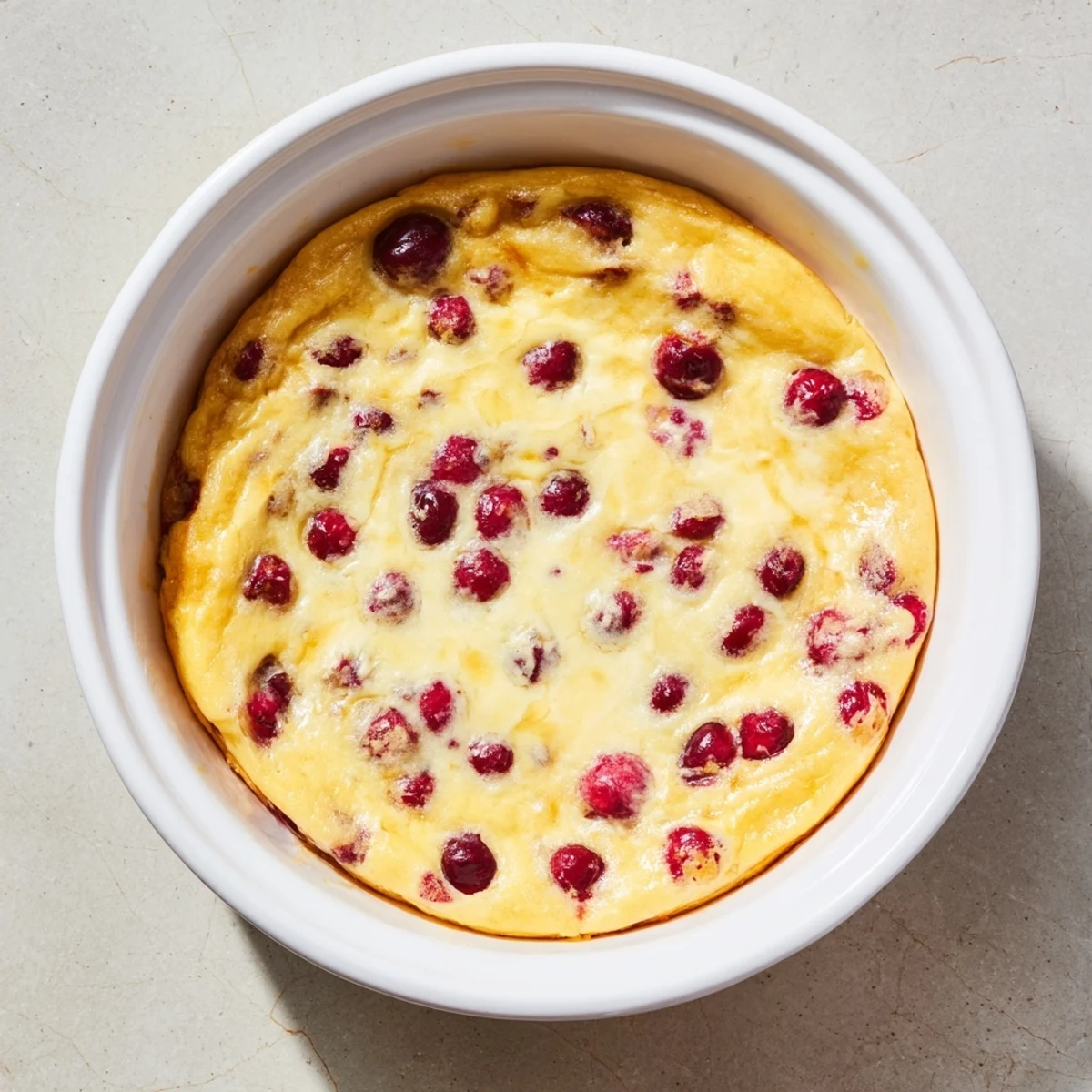 Golden cherry custard dessert baked until set with juicy red fruits floating throughout the creamy vanilla custard