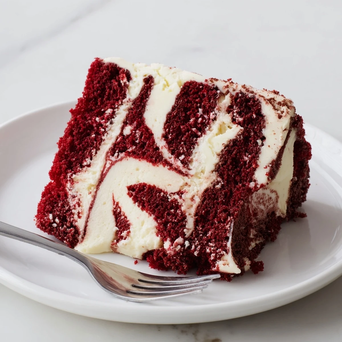Moist red velvet cake layers swirled with creamy cheesecake batter on a serving plate