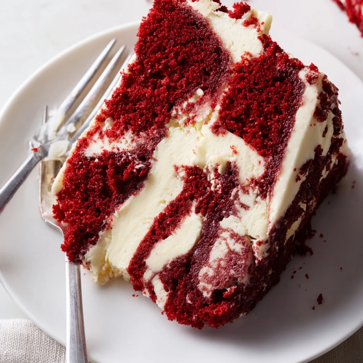 Slice of red velvet cheesecake swirl cake showing marbled red and white cream cheese interior