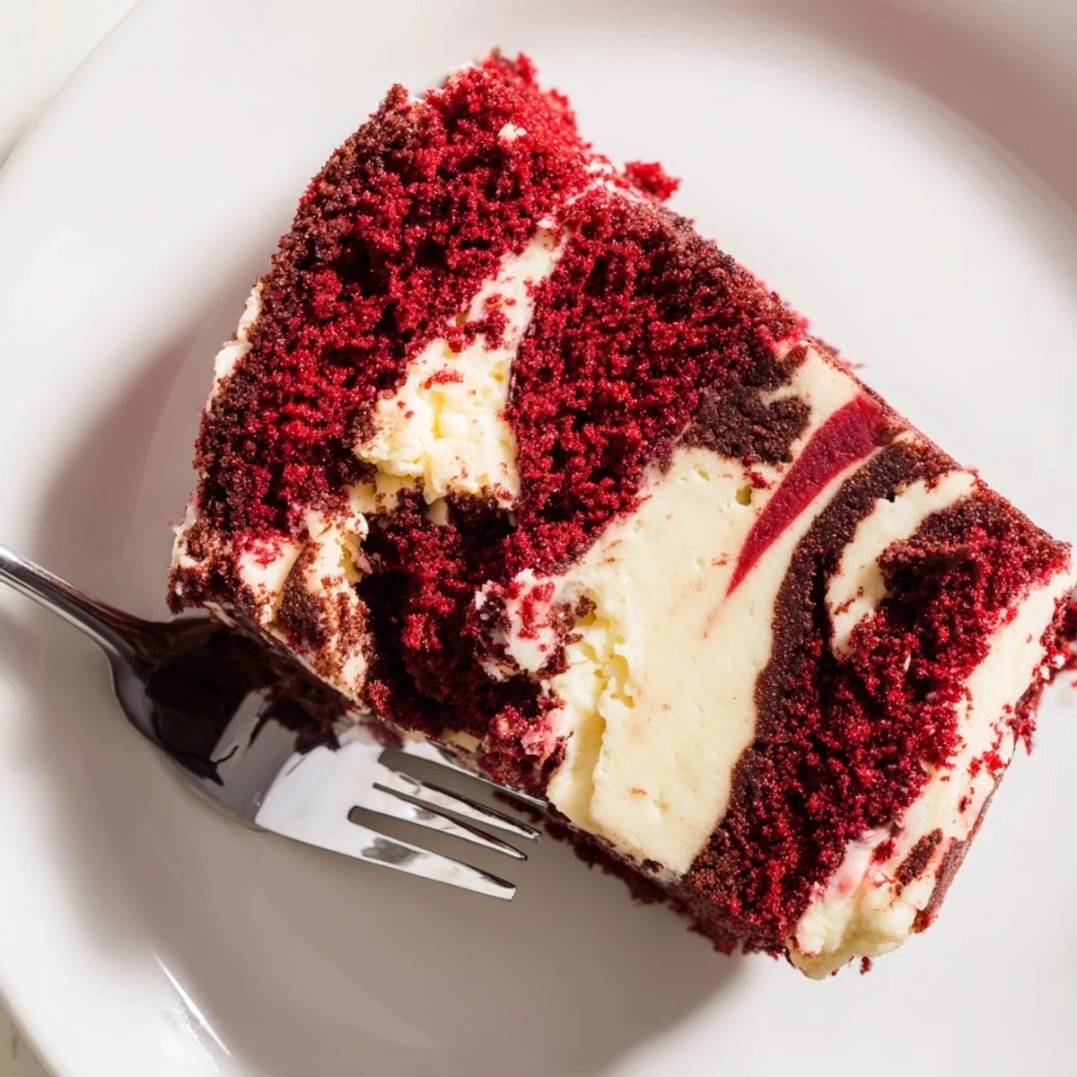 Homemade red velvet cheesecake swirl cake topped with powdered sugar and fresh berries