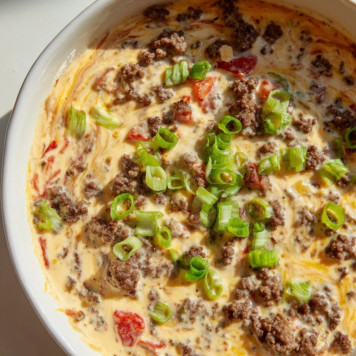 Creamy Rotel dip with ground beef bubbling in a serving bowl beside tortilla chips