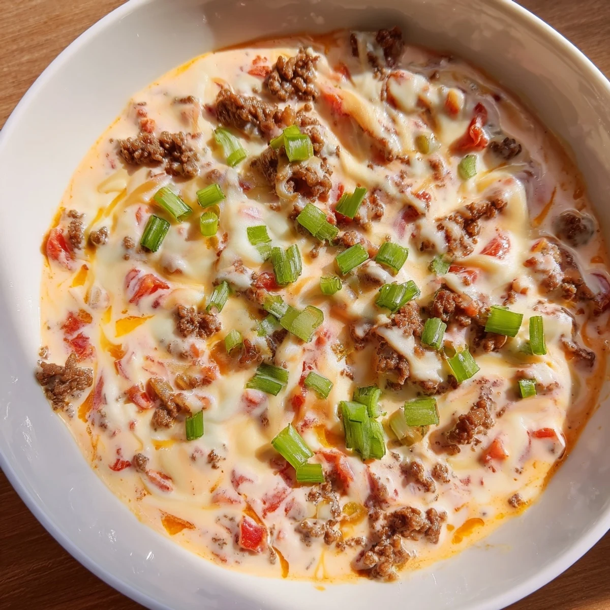 Steaming hot ground beef Rotel dip with sour cream served with crispy tortilla chips