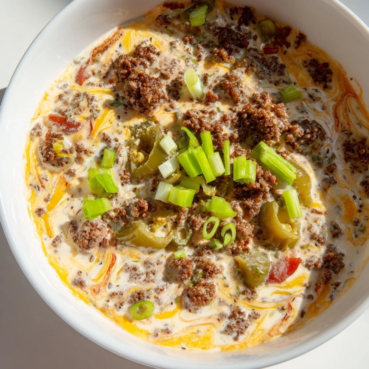 Golden melted Rotel cheese dip with seasoned beef and sour cream garnished with green onions