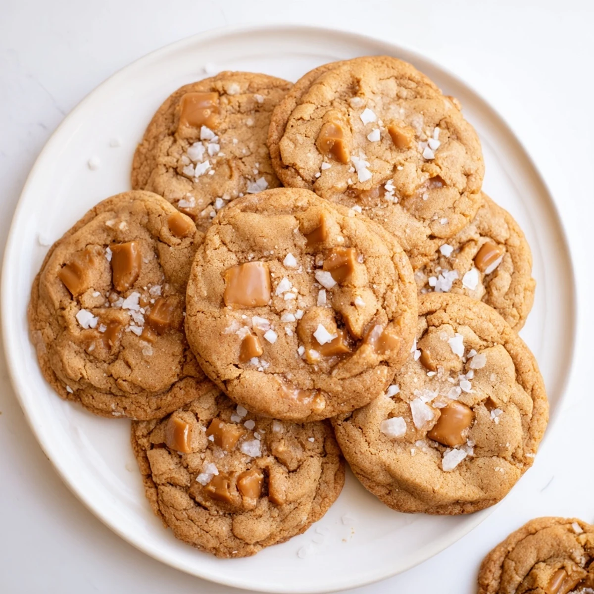 Golden brown sea salt caramel cookies with gooey melted caramel pieces and sparkling flaky salt topping