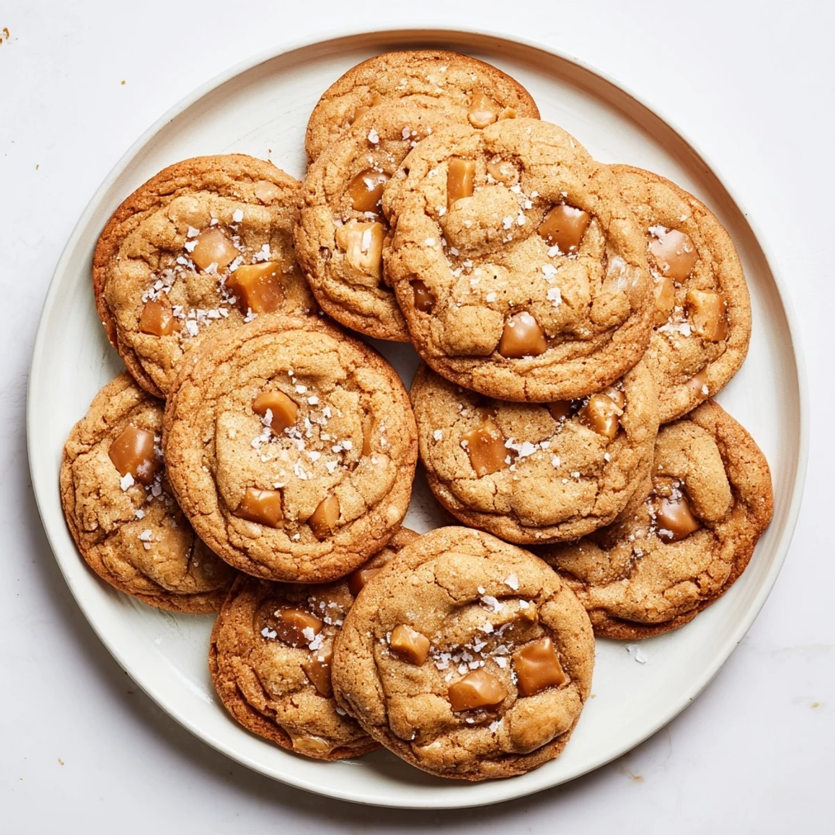 Plate of warm sea salt caramel cookies sprinkled with flaky sea salt on a white surface