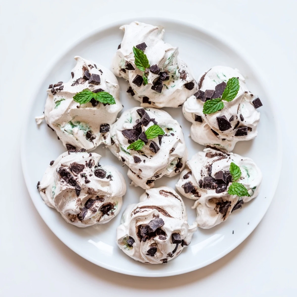 Fluffy dark chocolate and mint chip cloud cookies topped with glossy chocolate ganache