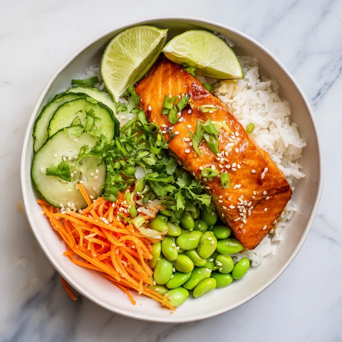 Golden honey glazed salmon bowl with fluffy rice, avocado, crisp cucumber, carrot, edamame, sesame seeds, and fresh green onions