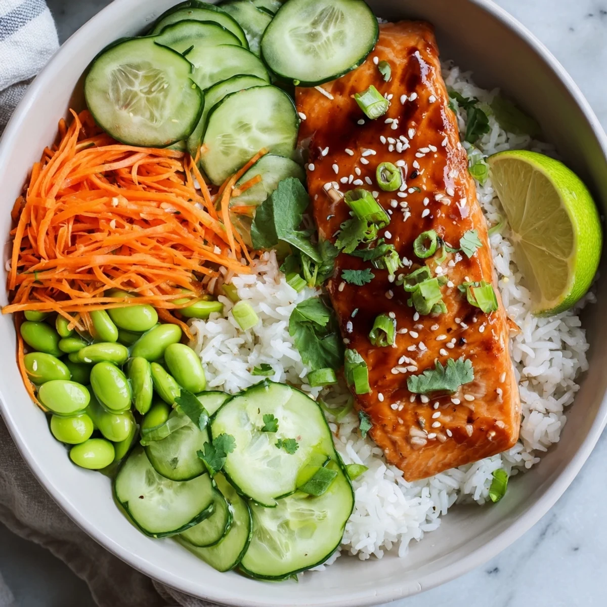 Vibrant honey glazed salmon bowl with fresh vegetables, creamy avocado, edamame, rice, and zesty lime wedges for easy dinner