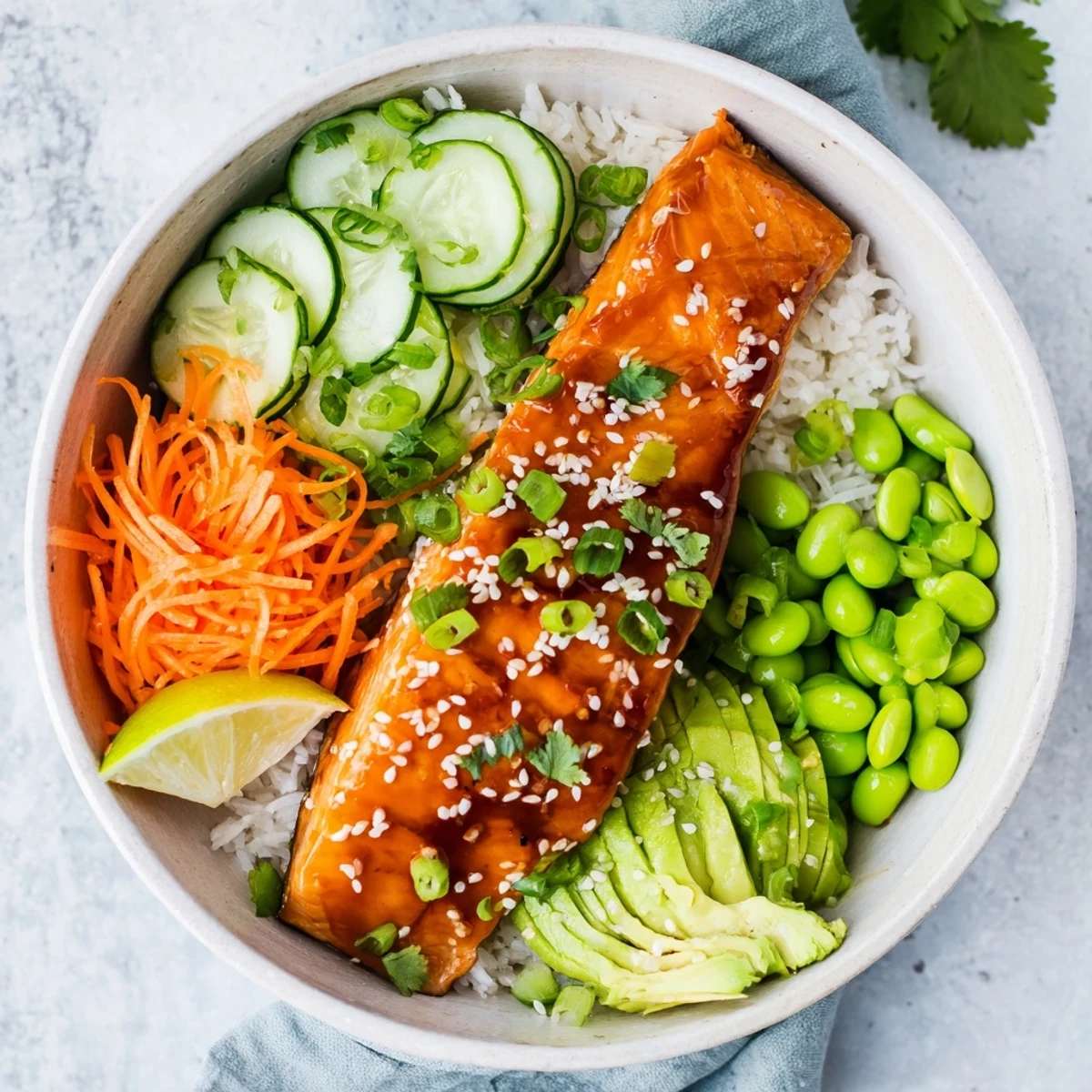 Healthy honey glazed salmon bowl featuring tender fish over jasmine rice with colorful vegetables, sliced avocado, and sesame garnish