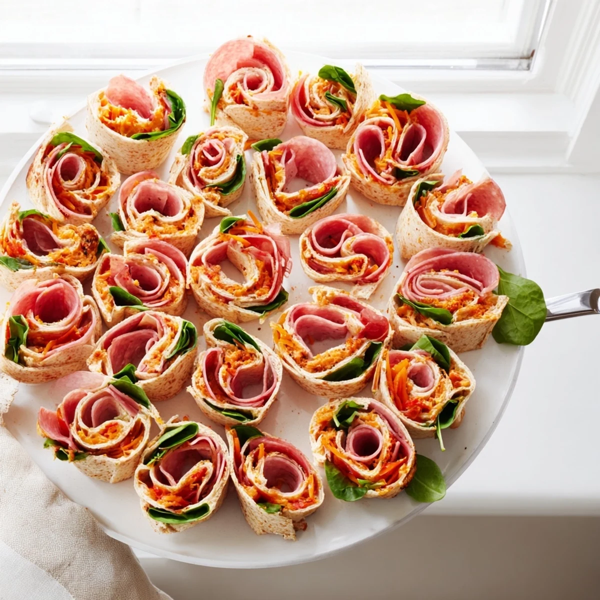 Italian pinwheels appetizer with colorful layers of salami, ham, and cream cheese rolled in soft tortillas and sliced into round bites