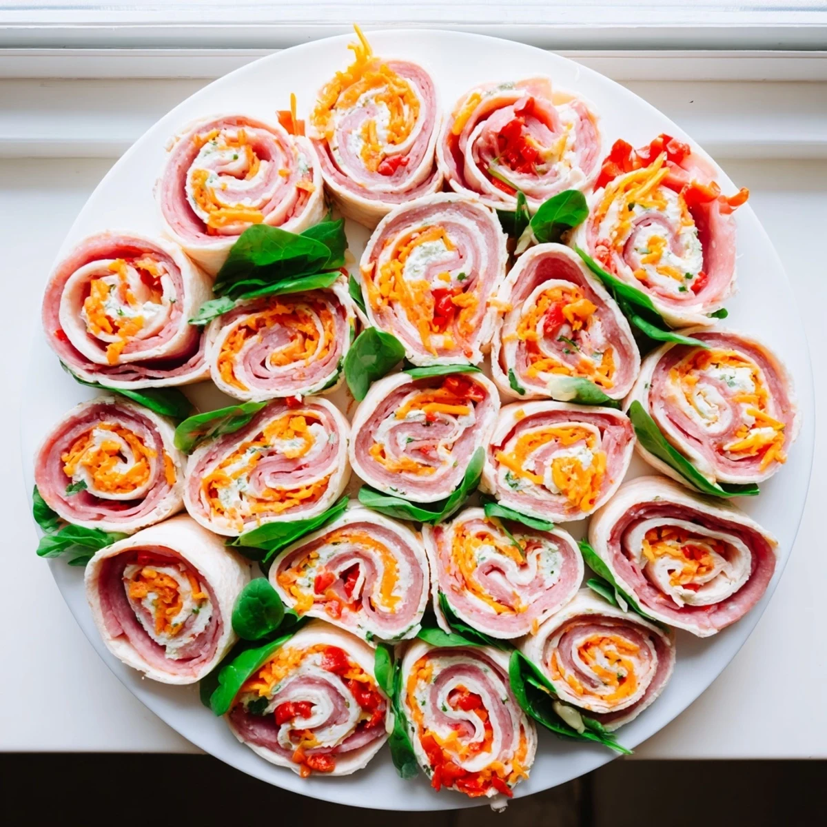 Savory Italian pinwheels featuring roasted red peppers, spinach, and deli meats spiraled in flour tortillas on a white serving platter