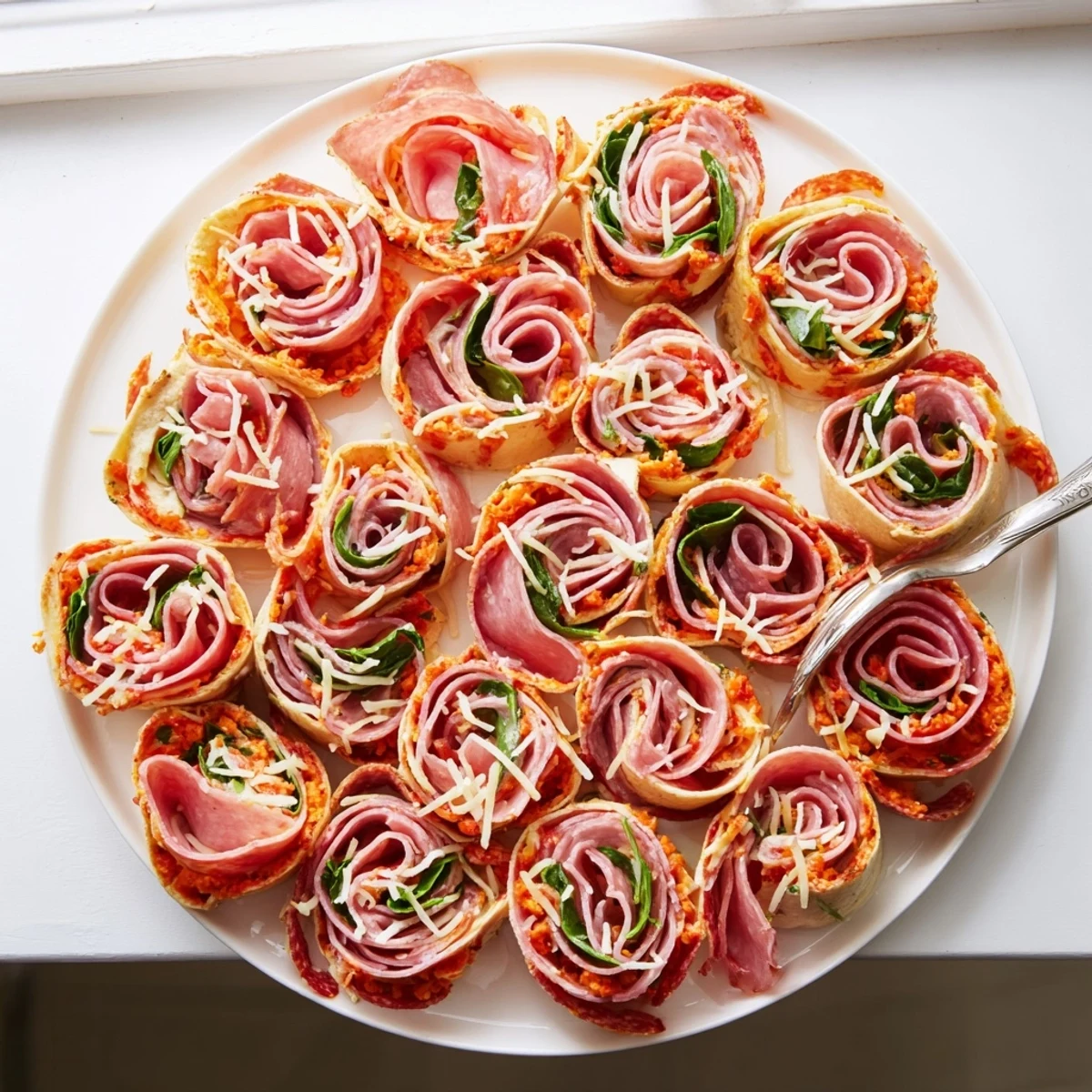 Ready-to-serve Italian pinwheels showcasing cross-sections of pepperoni, provolone cheese, and fresh vegetables packed inside tightly rolled tortilla wraps