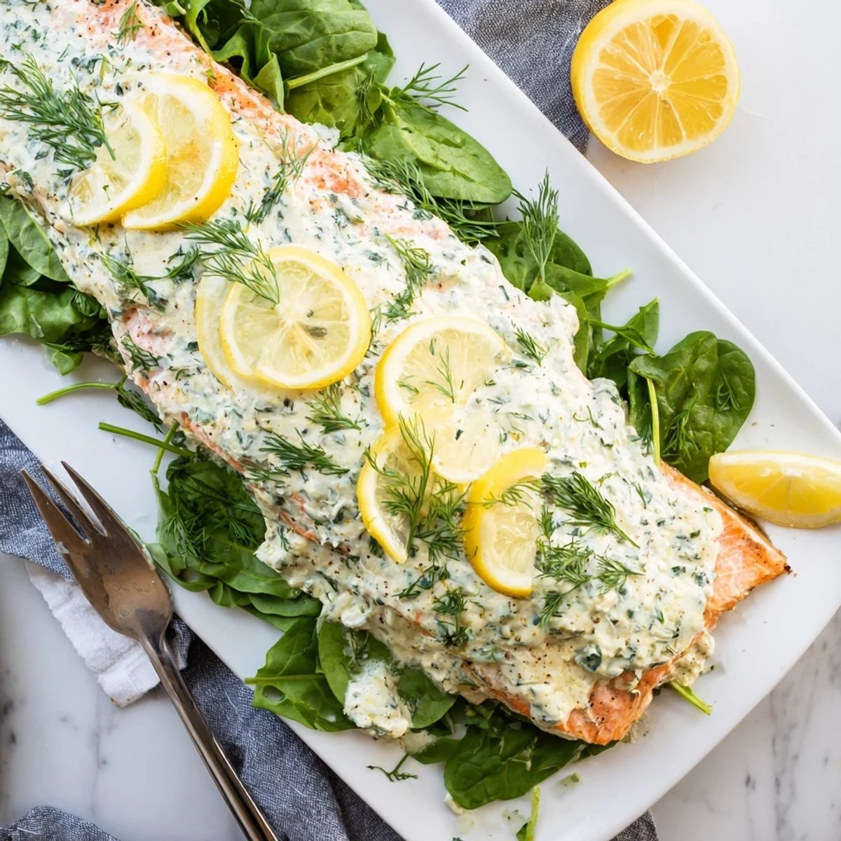 Weeknight dinner of baked Boursin salmon with wilted spinach and golden cheese topping