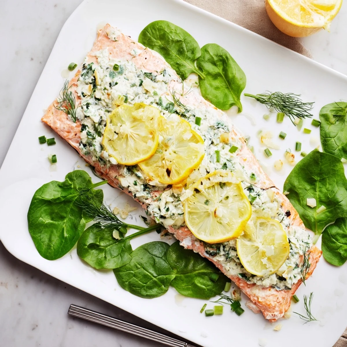 Golden baked Boursin salmon fillets topped with creamy herbed cheese and fresh lemon slices