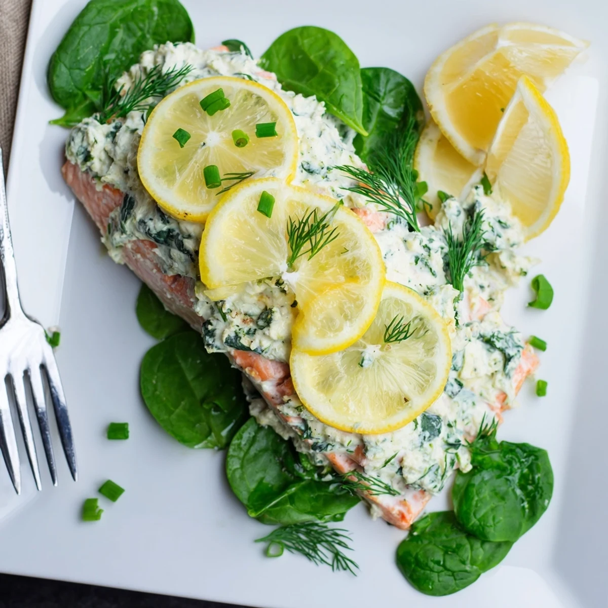 Elegant baked Boursin salmon with garlic herb crust served on white baking dish