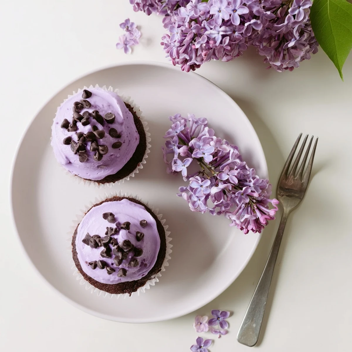 Six lilac chocolate cupcakes with creamy floral frosting and fresh blossoms on white background