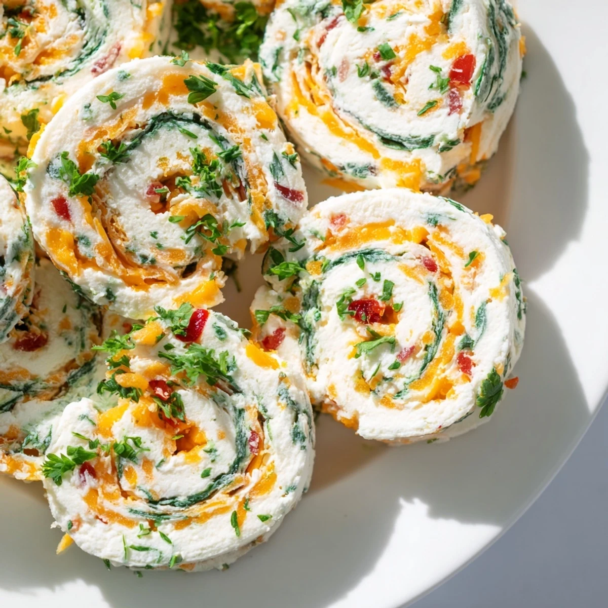 Savory cream cheese pinwheels arranged on a serving platter, garnished with fresh parsley