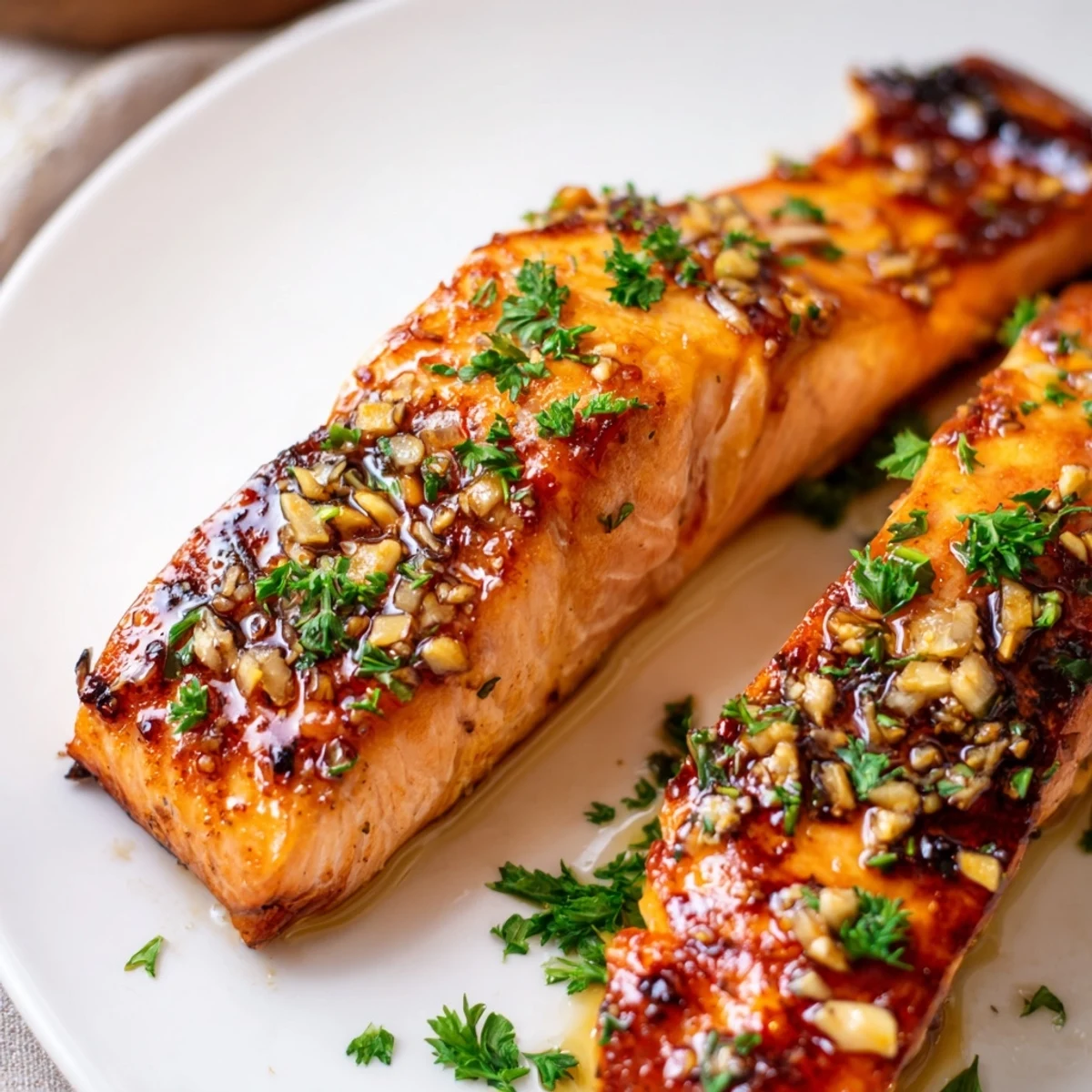 Weeknight dinner featuring caramelized honey garlic glazed salmon with lemon wedges and green herbs