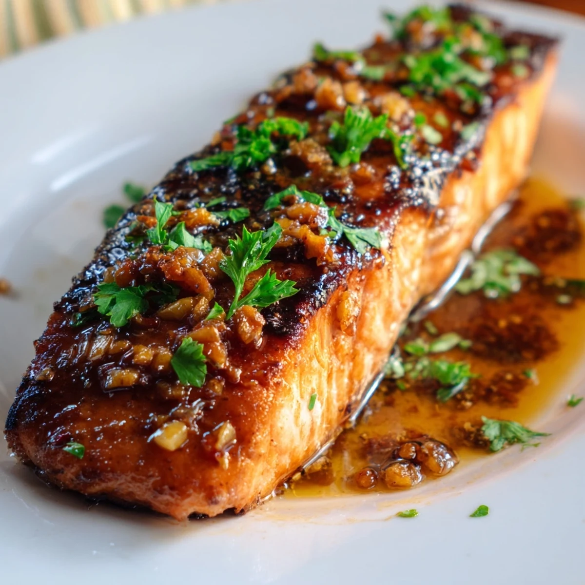 Crispy salmon pieces drizzled with sweet and savory honey garlic sauce on a white plate
