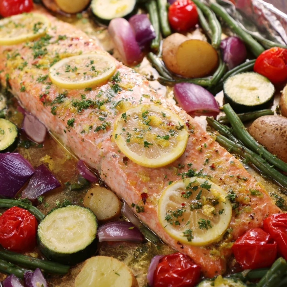 Golden baked salmon fillets with colorful roasted vegetables drizzled with lemon garlic butter sauce on a sheet pan