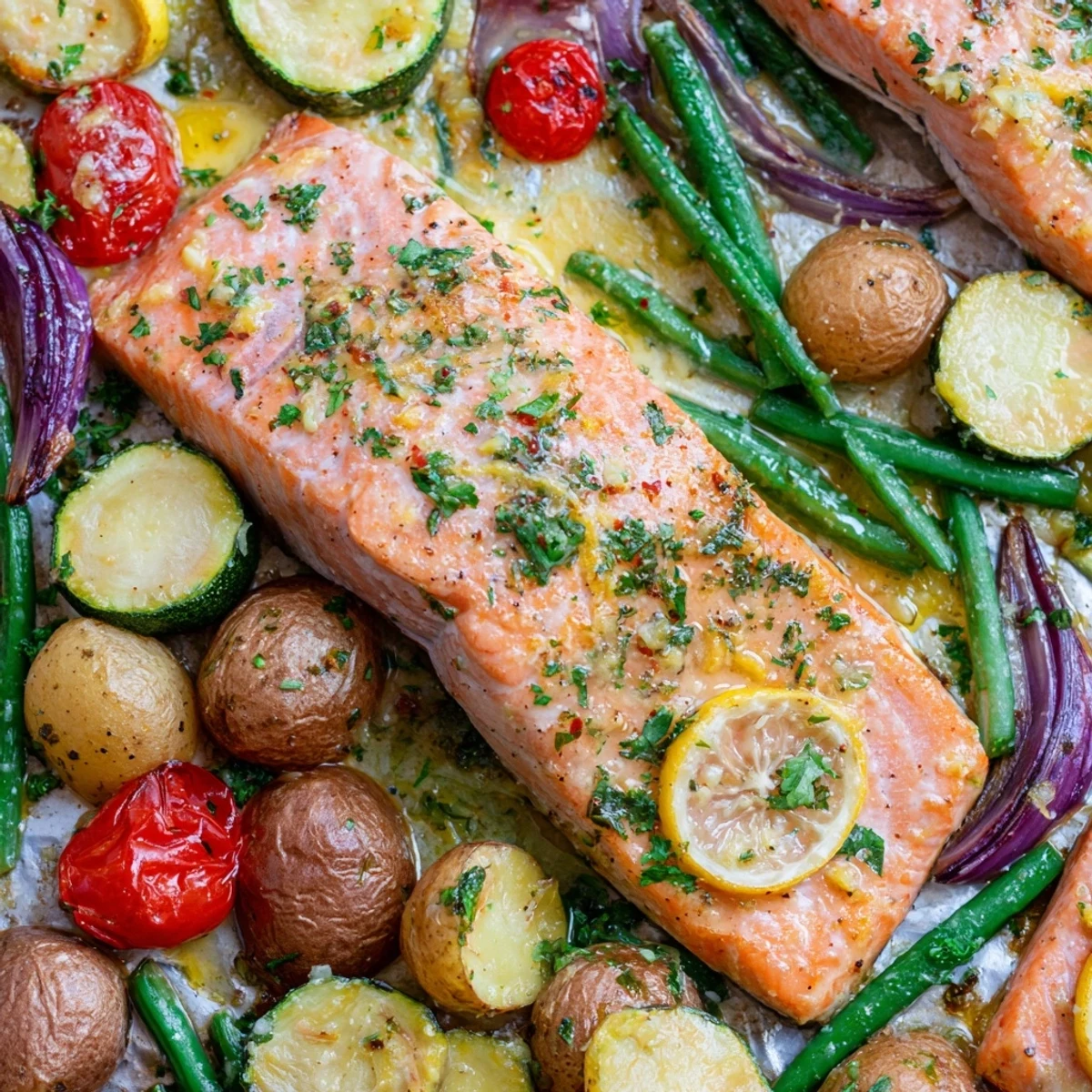 Tender flaky salmon surrounded by zucchini tomatoes and potatoes coated in zesty lemon garlic butter on a single baking sheet