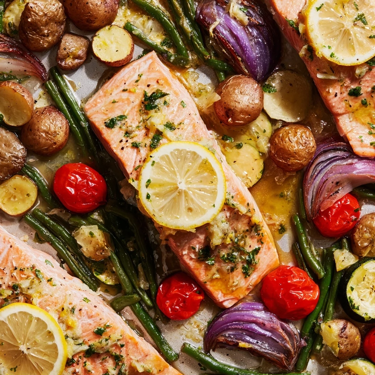 Weeknight dinner of sheet pan lemon garlic butter salmon with caramelized vegetables and fresh herbs ready for serving