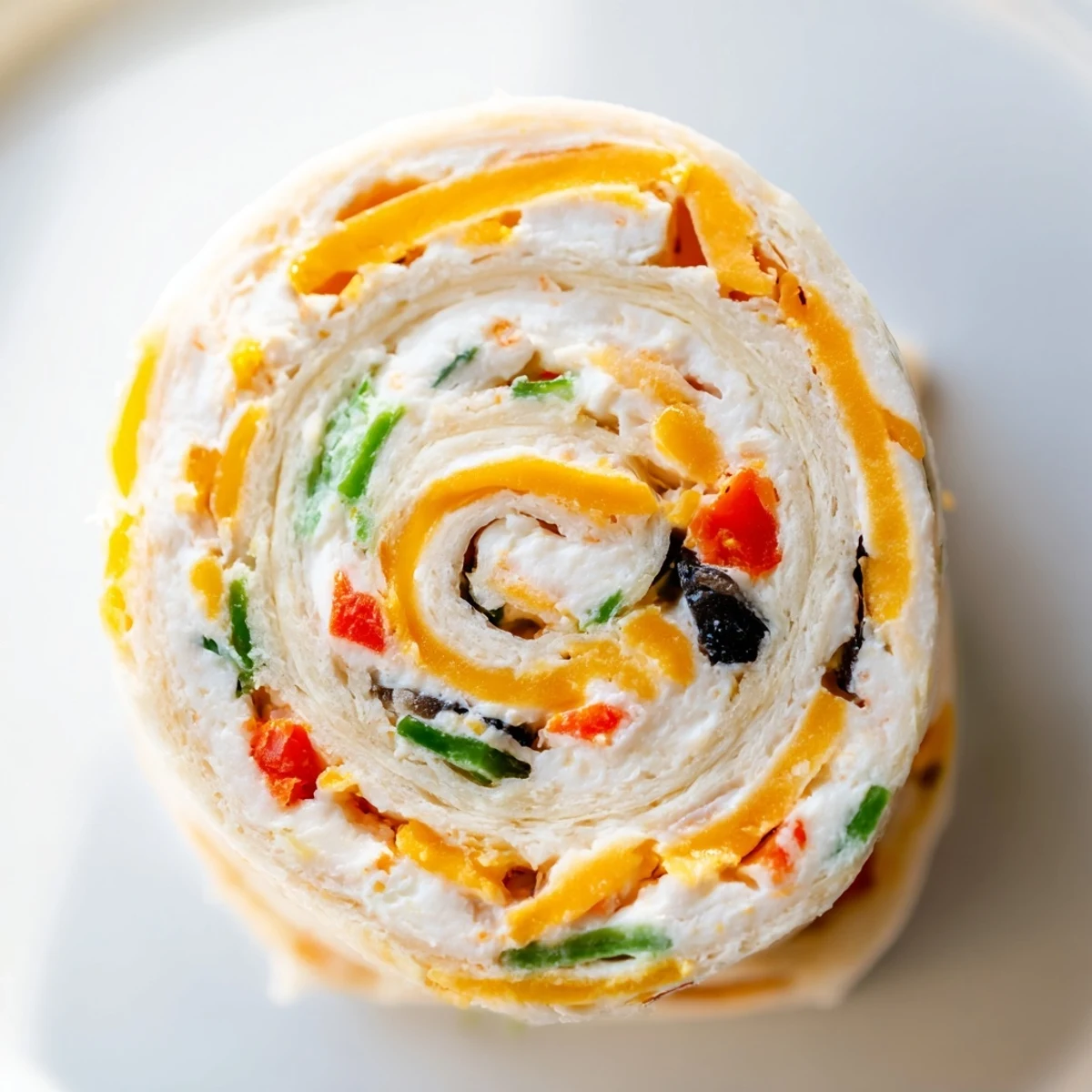 Colorful easy tortilla pinwheels arranged on a white platter, showcasing spiral layers of creamy cheese filling with red bell peppers and green onions