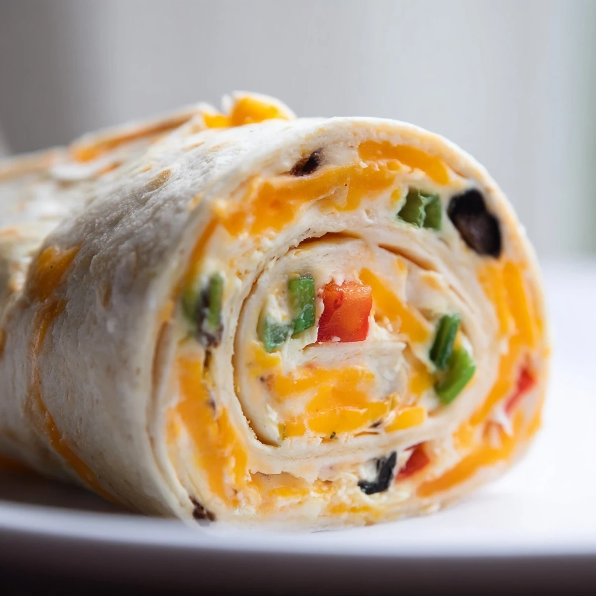 Party-ready easy tortilla pinwheels stacked on a serving board, featuring golden flour tortillas rolled with a smooth, zesty cheese and veggie filling