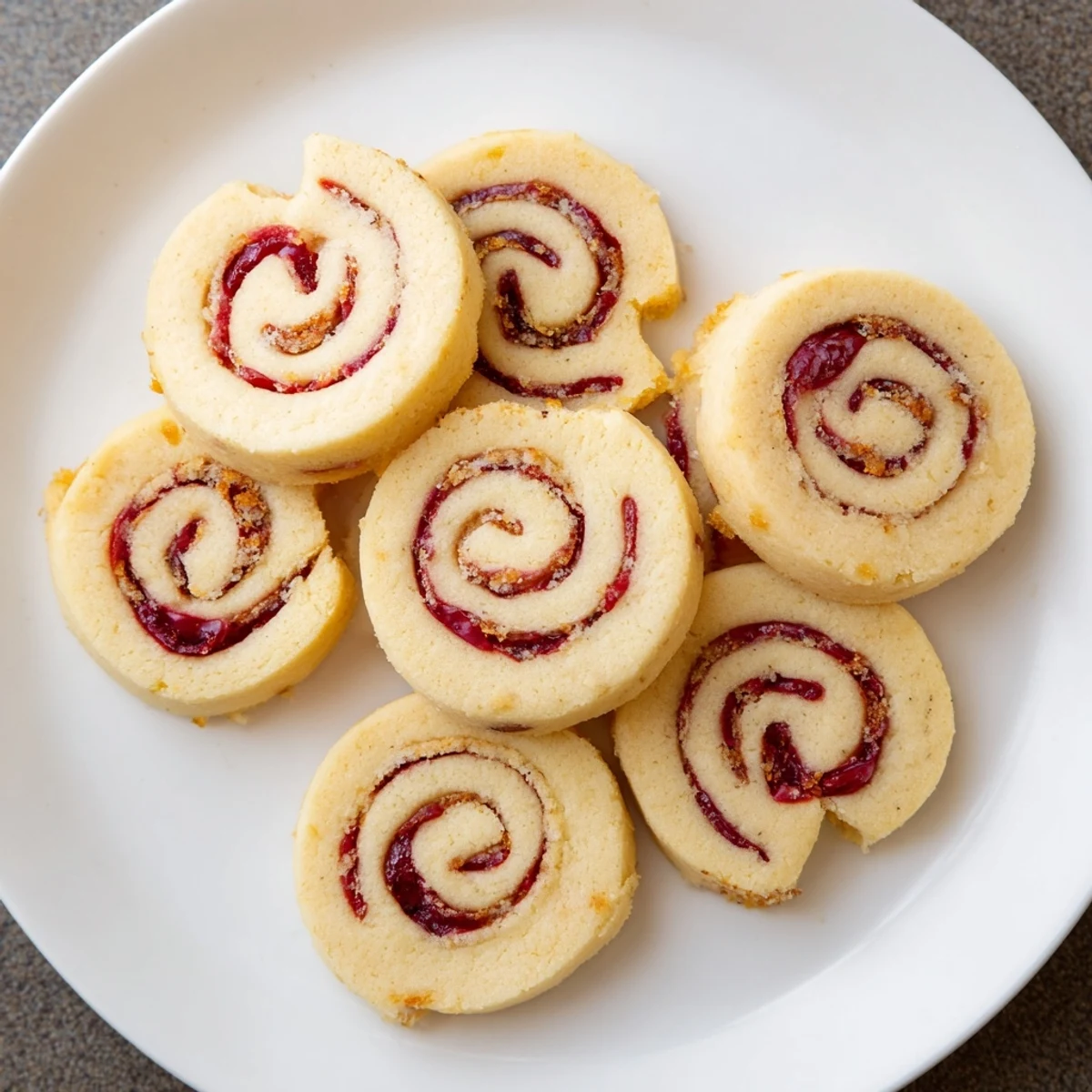 Golden orange cranberry pinwheel cookies swirled with tangy red cranberry filling on a white plate