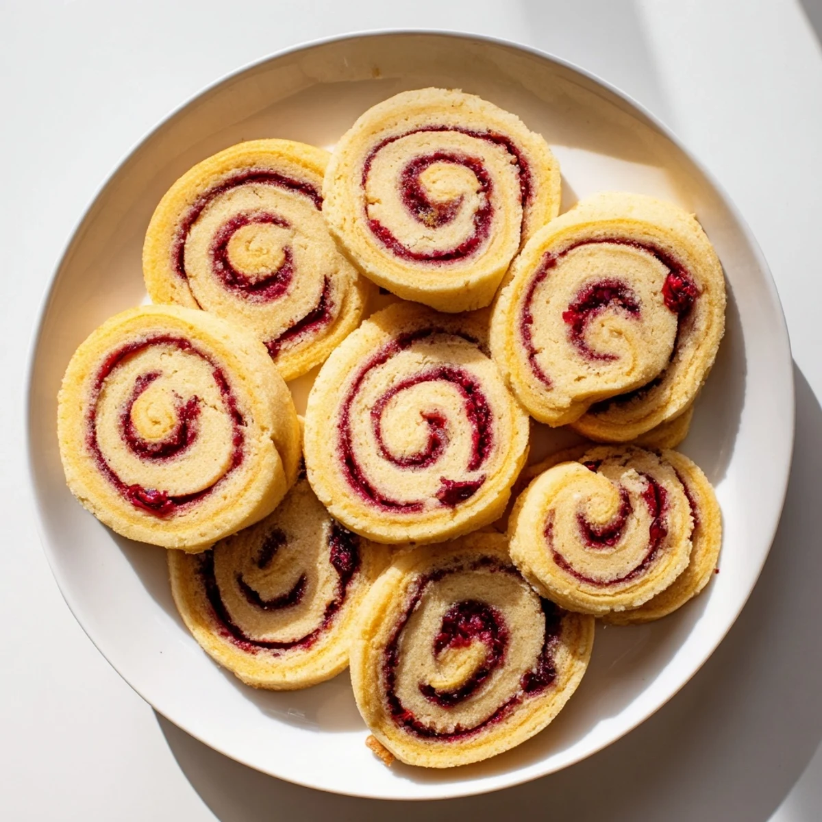 Festive orange cranberry pinwheel cookies with vibrant red swirls arranged on a decorative serving platter