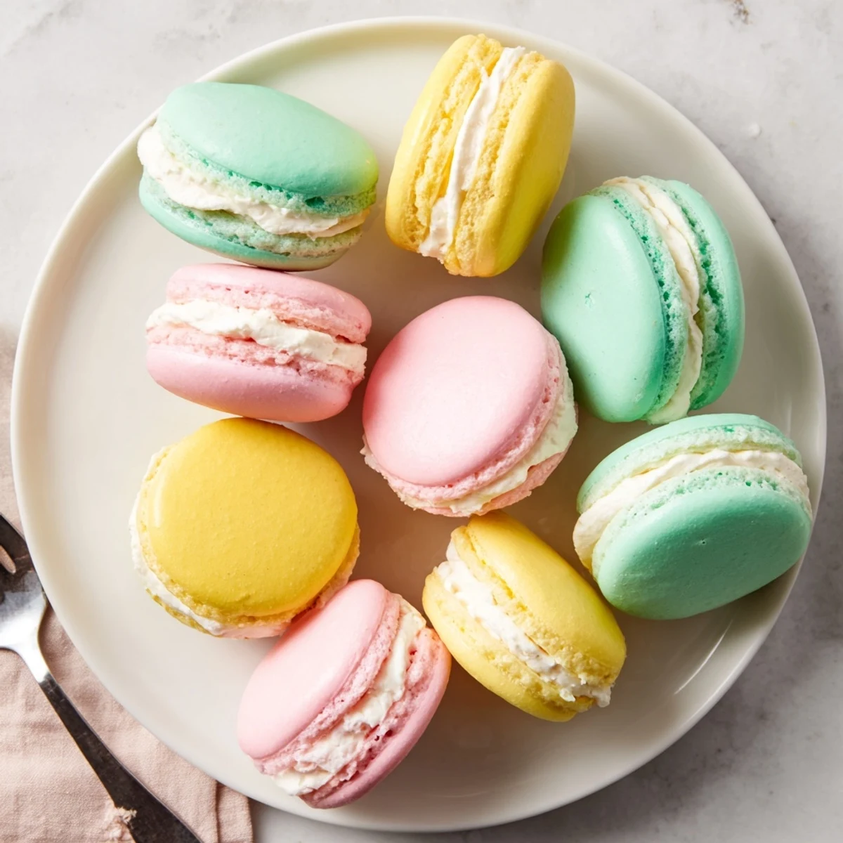 Pastel French macarons arranged on a white plate with delicate almond flour dusting visible
