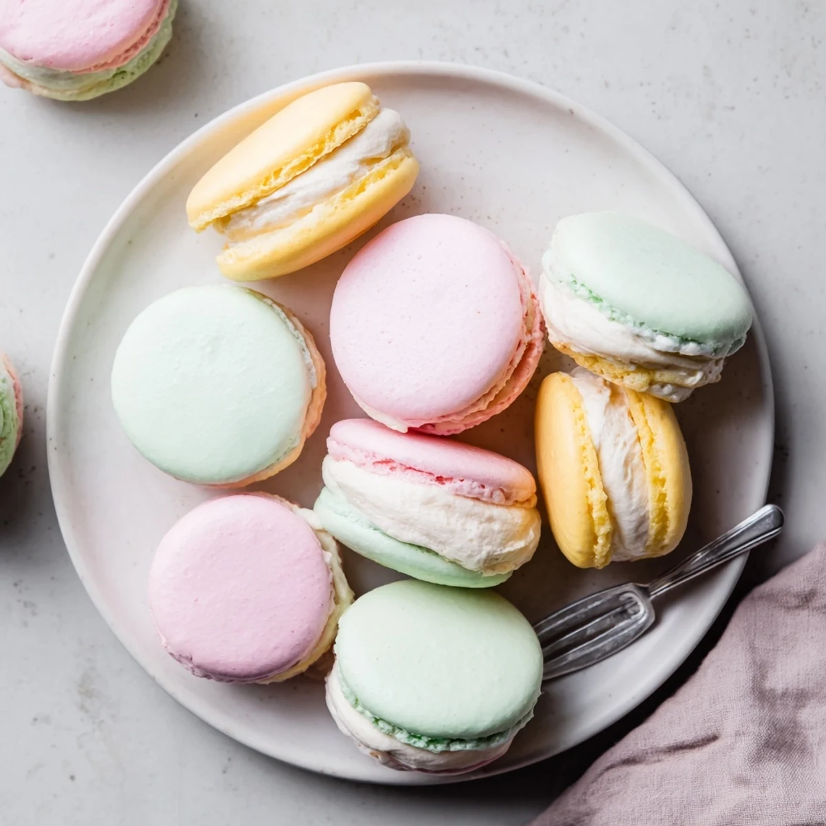 Close-up of sandwiched French macarons revealing buttercream filling between crisp almond meringue cookies
