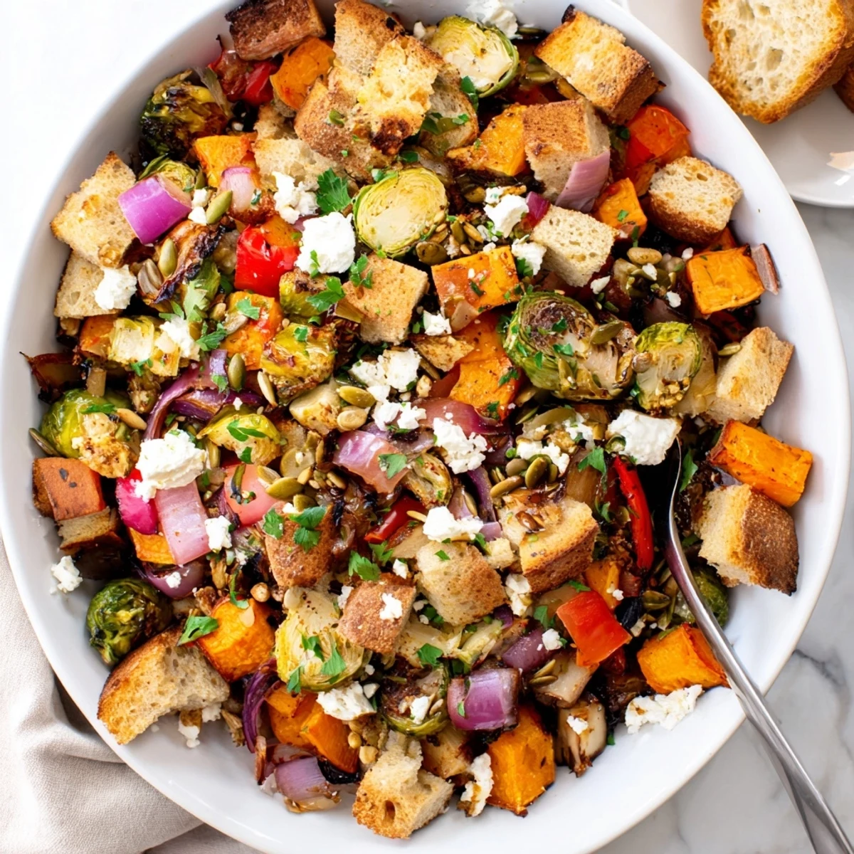Golden roasted autumn vegetables tossed with crusty bread cubes in a fall roasted vegetable panzanella salad bowl