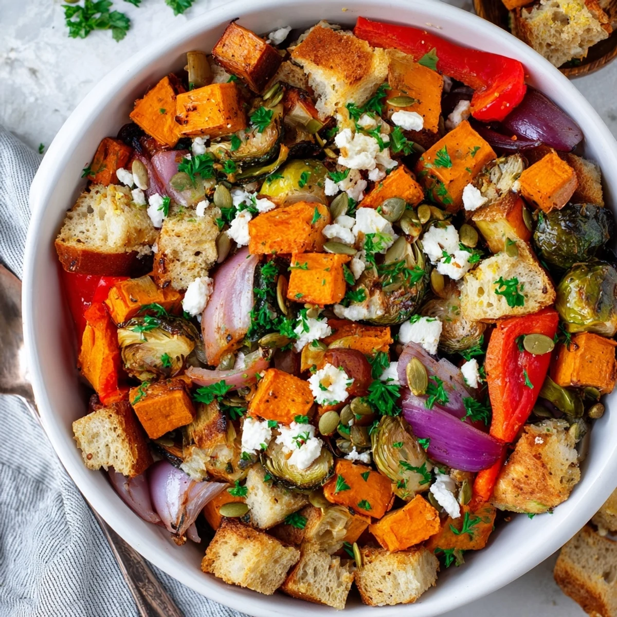 Hearty Italian-style salad featuring caramelized Brussels sprouts and toasted ciabatta in this fall roasted vegetable panzanella salad