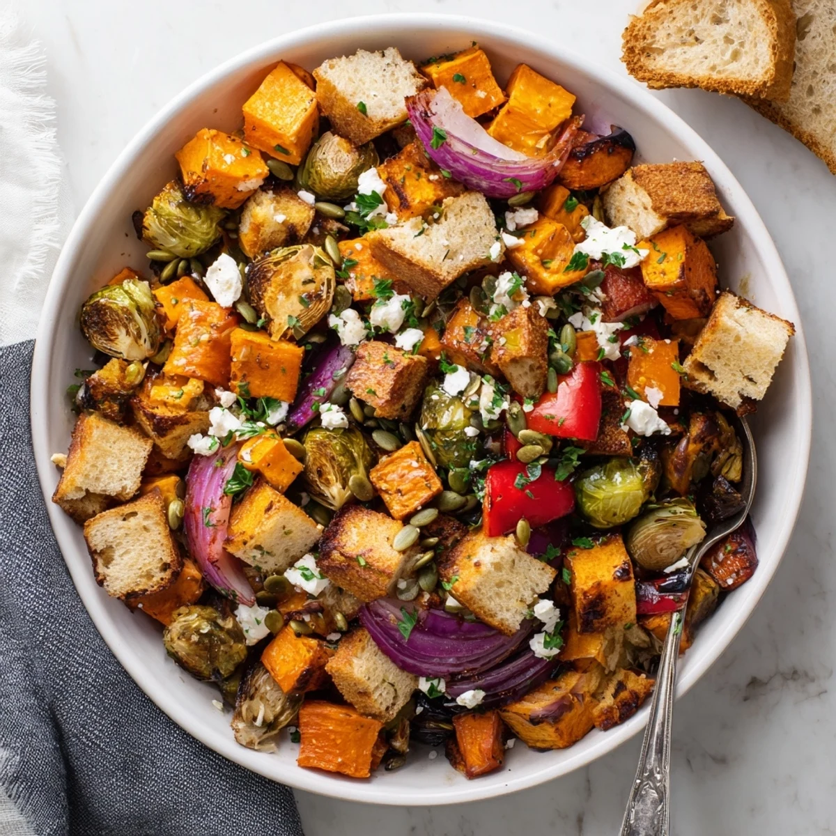 Colorful seasonal harvest of roasted sweet potatoes and squash served over rustic bread in fall roasted vegetable panzanella salad