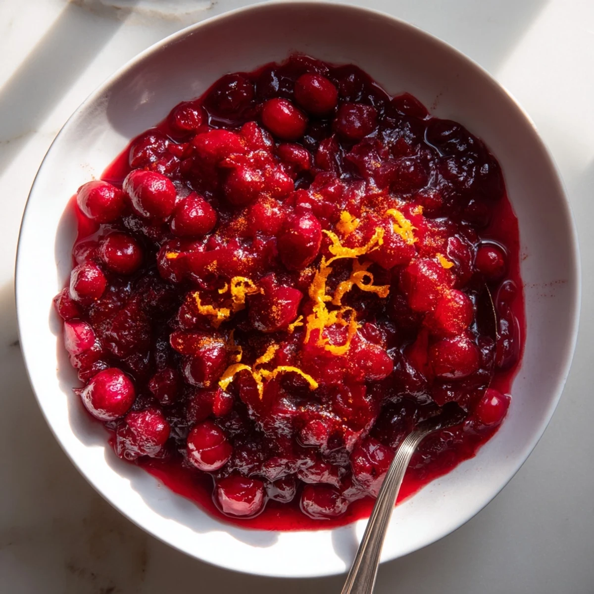 Tangy homemade cranberry sauce garnished with fresh orange zest on wooden table