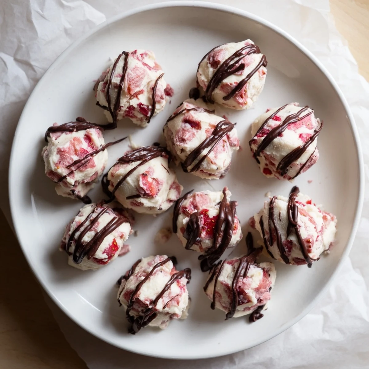 Fresh strawberry yogurt bites arranged on a baking sheet with red fruit pieces visible throughout the creamy white protein mixture.