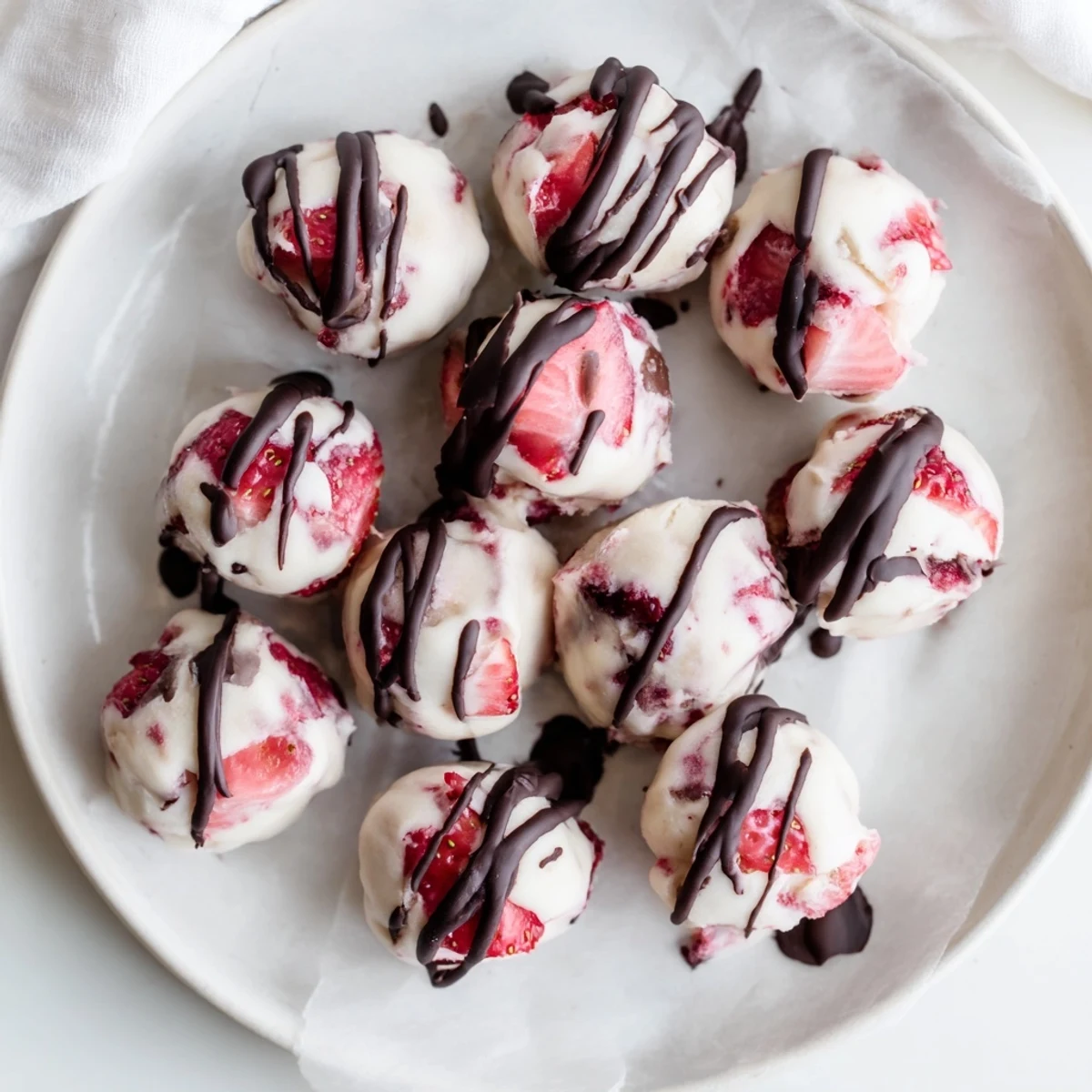 Close-up of homemade strawberry yogurt bites showing diced strawberries and smooth Greek yogurt texture ready for freezing.