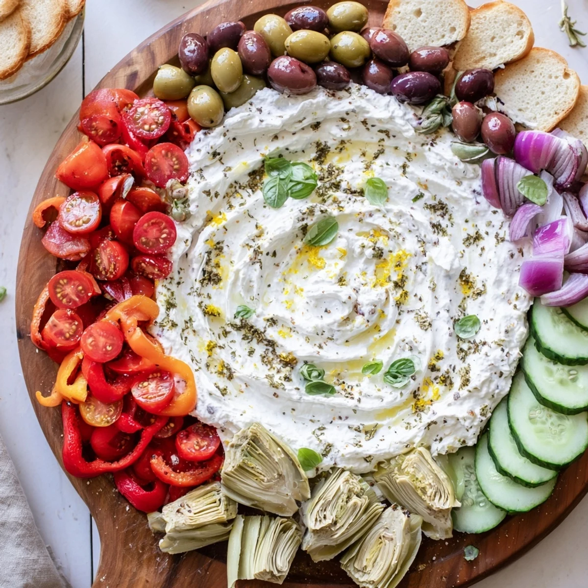 Creamy Mediterranean ricotta board arranged with colorful vegetables and fresh herbs for entertaining