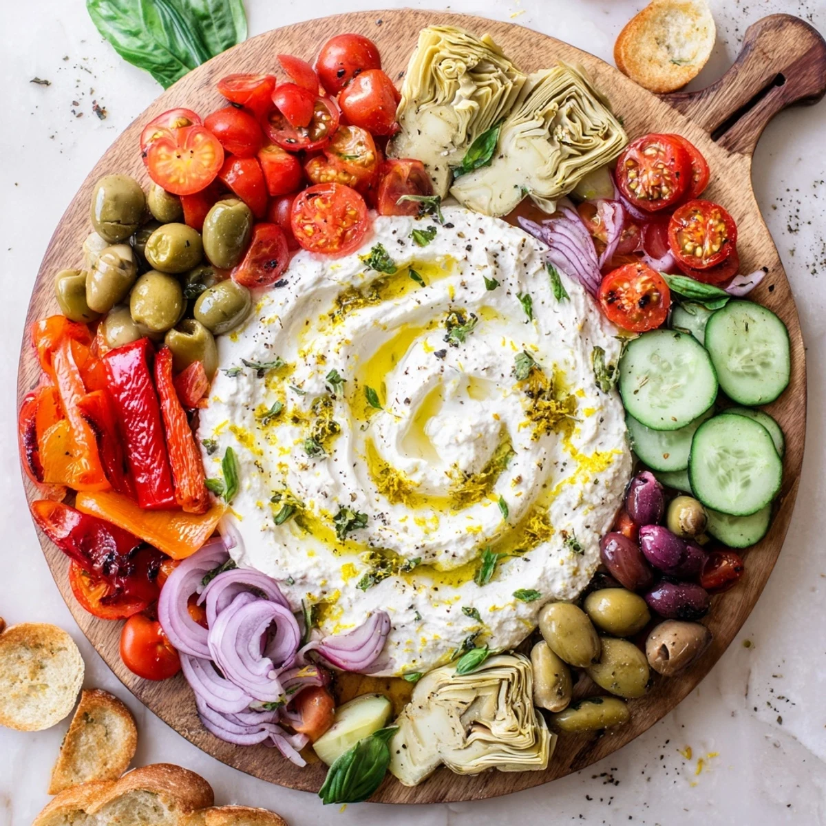Wooden serving platter topped with whipped ricotta, tomatoes, olives, and roasted red peppers