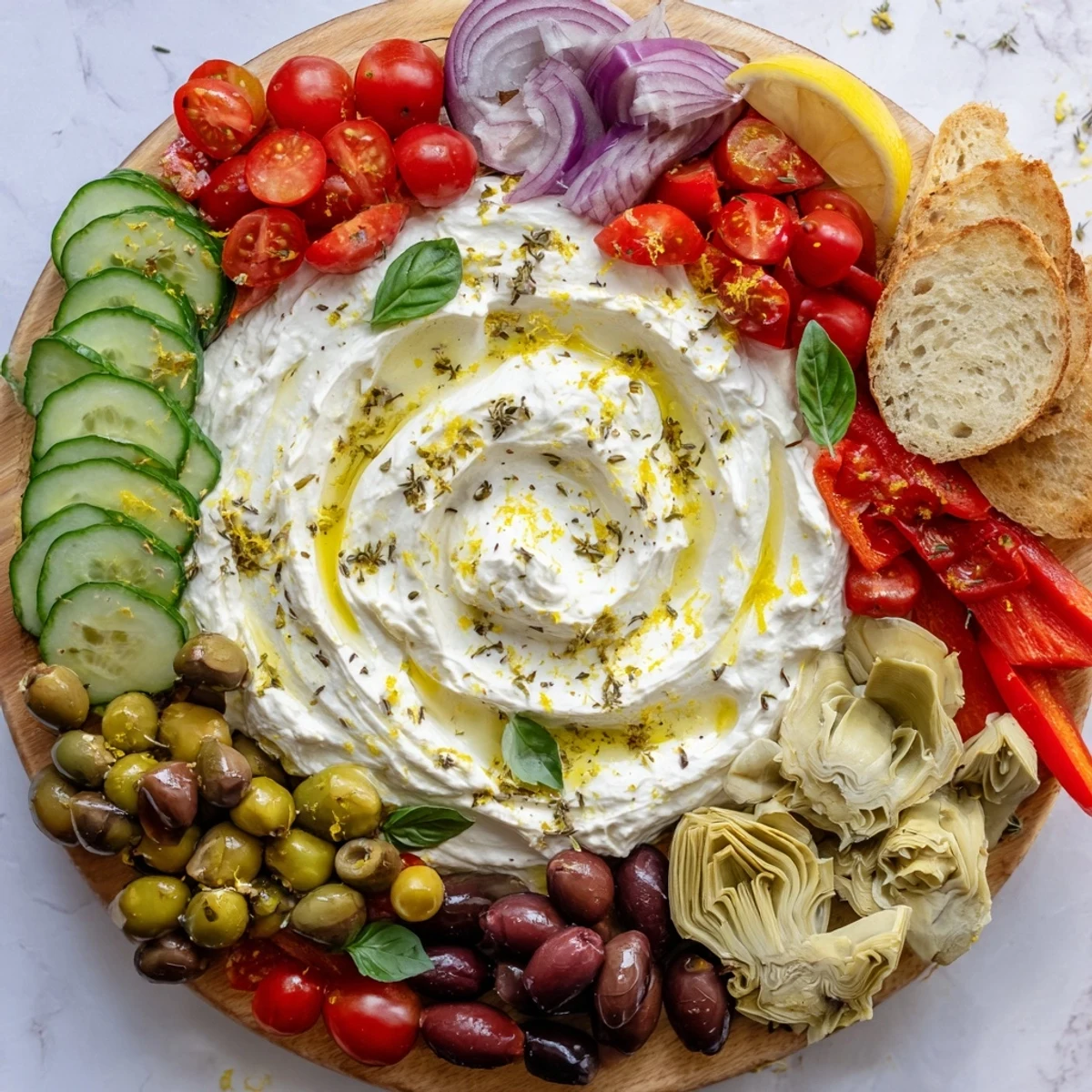 Mediterranean ricotta board featuring crisp vegetables, toasted crostini, and fragrant basil garnish