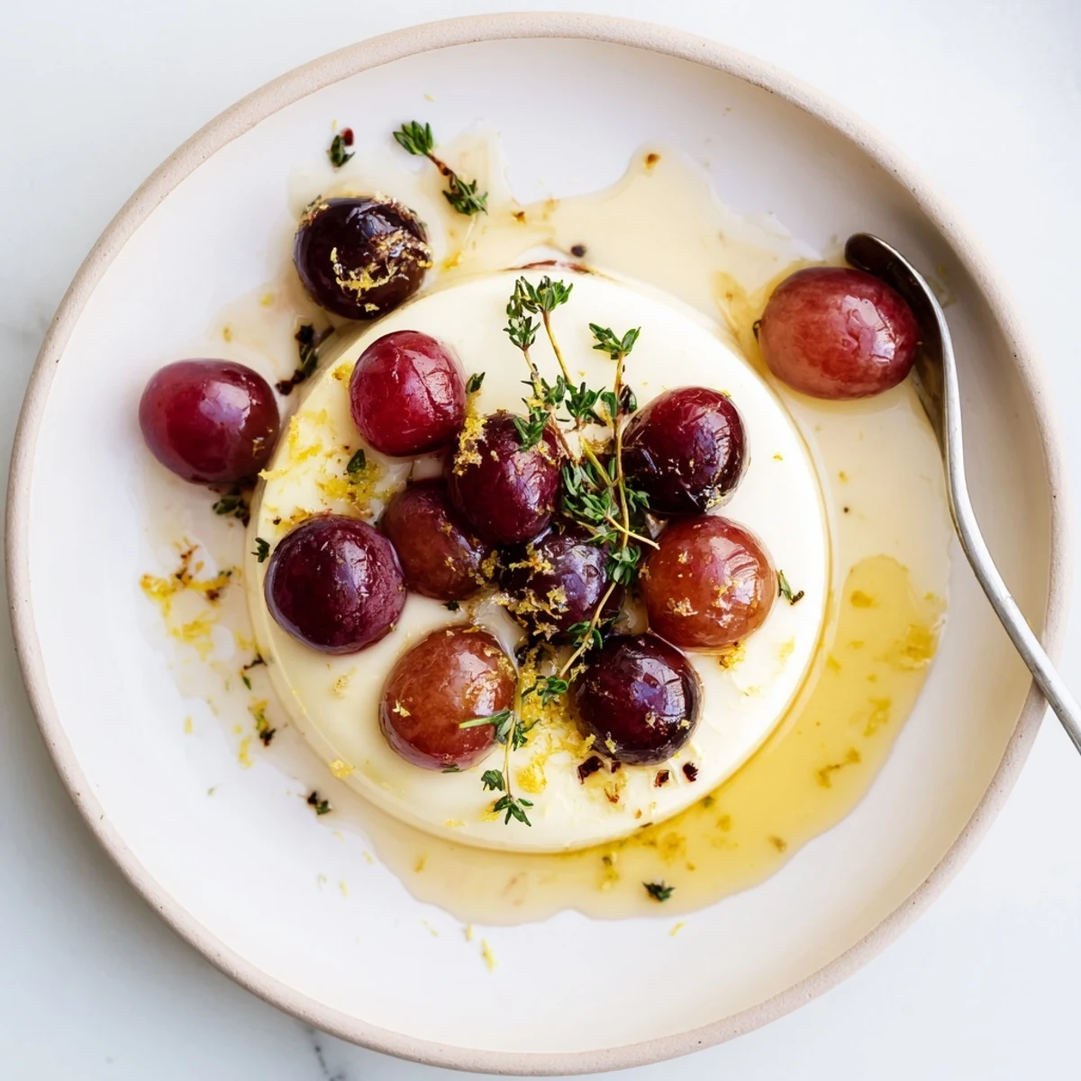 Creamy lemon panna cotta dessert garnished with caramelized roasted grapes and fresh grape halves