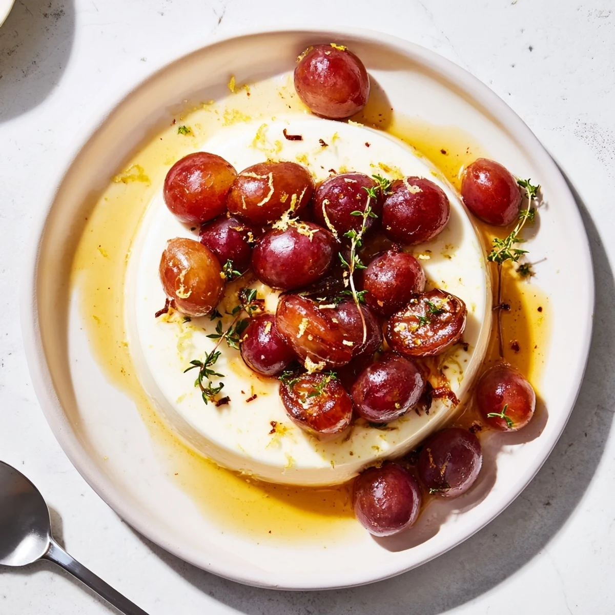 White ramekin of citrus lemon panna cotta crowned with juicy grapes two ways